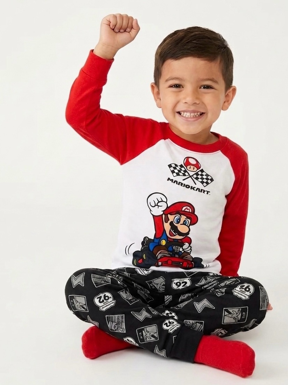 Boys Red & White Mario Kart Raglan Pajama Set